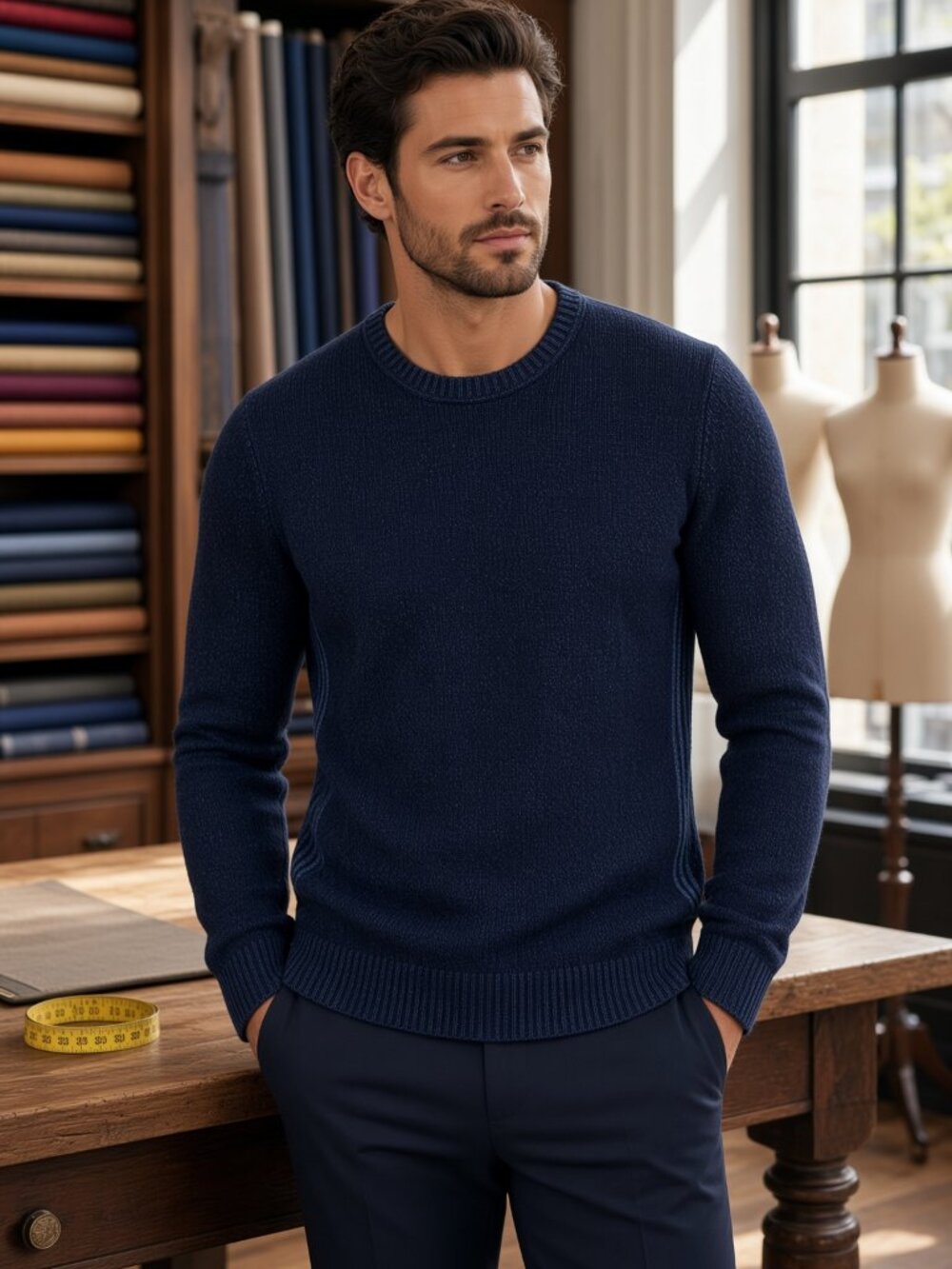 Dylan Gray Men Navy Viscose Wool Cashmere Crewneck Pullover Sweater Classic US S